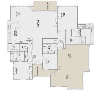 Main Floor: 2BR, 2.5BA, Great Rm, Kitchen, Dining, Study, Ldry, Mud, 3-car garage, Covered Porch/Deck, Fireplace, WIC. House Plan # 8768-00218 Main Floor Floor Plan Drawing by America's Best House Plans, Inc.