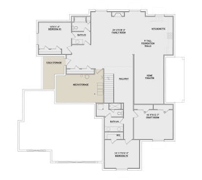 Basement: 2BR, 2BA, Family, Kitchenette, Theatre, Craft Room, WIC, stairs, Mech/Storage, Cold Storage. 9' foundation walls. House Plan # 8768-00218 Basement Floor Plan Drawing by America's Best House Plans, Inc.