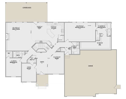 Main Floor: 2BR, 2BA, Office, Great Room, Kitchen, Nook, Dining, Ldry, Mud, Garage, Covered Deck. Vault/Tray ceilings. House Plan # 8768-00219 Main Floor Floor Plan Drawing by America's Best House Plans, Inc.