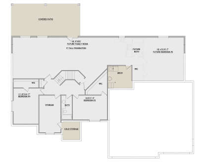 Basement: 2BR, 1BA, Future BR/BA, Family, Storage, Cold Storage, Mech, 3 WICs, Stairs, Covered Patio. 9' foundation. House Plan # 8768-00219 Basement Floor Plan Drawing by America's Best House Plans, Inc.