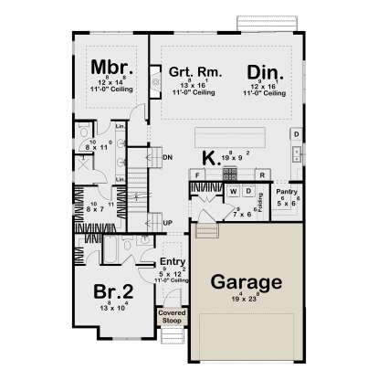 Main Floor: 2BR, 2BA, Grt Rm, Kitchen, Dining, Ldry, Pantry, 2-car garage, Covered Stoop. 11' ceilings. Stairs. House Plan # 963-01308 Main Floor  Floor Plan Drawing by America's Best House Plans, Inc.
