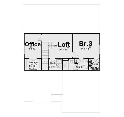 Second Floor: 1 BR, 1 BA, Loft, Office, Storage room, Mech room, Stairs, Linen closet, WIC. House Plan # 963-01308 Second Floor Floor Plan Drawing by America's Best House Plans, Inc.