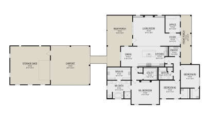 Main Floor: 3BR, 2BA, Living, Dining, Kitchen, Office, Pantry, Ldry, WIC. Carport, Shed, Front/Rear Porches. 9'-10' clgs. House Plan # 2473-00014 Main Floor  Floor Plan Drawing by America's Best House Plans, Inc.