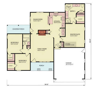Main Floor: 3BR, 2BA, Family, Dining, Kitchen, Ldry, 2-car garage, 2 porches, fireplace, optional basement stairs, closets. House Plan # 699-00514 Main Floor  Floor Plan Drawing by America's Best House Plans, Inc.