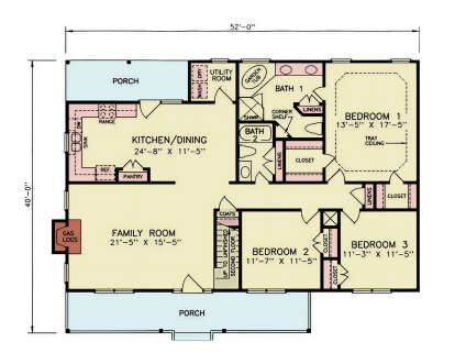 Main Floor: 3BR, 2BA, Kitchen/Dining, Family, Ldry, 2 Porches, Gas Fireplace, Stairs. Tray ceiling in Master. Unheated: Porch. House Plan # 699-00515 Main Floor  Floor Plan Drawing by America's Best House Plans, Inc.