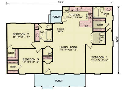 Main Floor: 3BR, 2BA, Living, Dining, Kitchen with bar, Ldry, 3 closets, linen closet, coat closet, 2 porches. House Plan # 699-00518 Main Floor  Floor Plan Drawing by America's Best House Plans, Inc.
