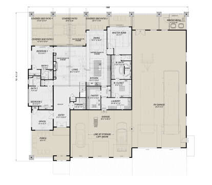 Main Floor: 3BR, 2.5BA, Office, Living, Dining, Kitchen, Pantry, Ldry, RV/Car Garage, 3 Patios, Porch. Vaulted/Coffered. House Plan # 425-00072 Main Floor  Floor Plan Drawing by America's Best House Plans, Inc.