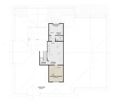 Second Floor: 1BR, 1BA, Fitness room, Landing, Stairs, Unfinished storage. 10ft-11ft ceilings. Unheated: storage area. House Plan # 425-00072 Second Floor Floor Plan Drawing by America's Best House Plans, Inc.
