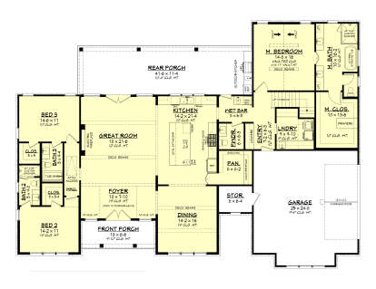 Main Floor: 3BR, 2.5BA, Great Rm, Kitchen, Dining, Wet Bar, Ldry, Pantry, 3-car garage, Porches, Vaulted M.BR, WIC, Fireplace. House Plan # 041-00443 Main Floor  Floor Plan Drawing by America's Best House Plans, Inc.