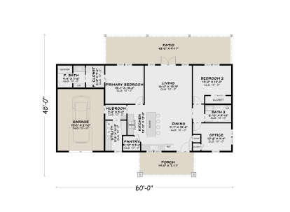 Main Floor: 2BR, 2BA, Office, Living, Dining, Kitchen, Pantry, Mudroom, Ldry, 1-car garage, Patio, Porch. 10' ceilings. House Plan # 4100-00042 Main Floor  Floor Plan Drawing by America's Best House Plans, Inc.