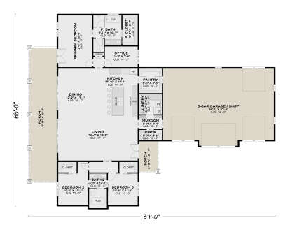 Main Floor: 3BR, 2.5BA, Living, Dining, Kitchen, Office, Pantry, Ldry, Mudroom, 3-car garage, 2 porches. 14' ceilings. House Plan # 4100-00043 Main Floor  Floor Plan Drawing by America's Best House Plans, Inc.