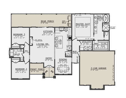 Main Floor: 3BR, 2BA, Kitchen, Dining, Living, Mud, Ldry. 2-car garage, 2 porches, fireplace, WIC, tray ceiling in Master. House Plan # 8372-00004 Main Floor  Floor Plan Drawing by America's Best House Plans, Inc.
