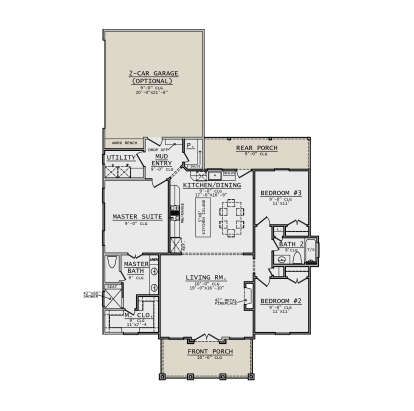 Main Floor: 3BR, 2BA, Living, Kitchen/Dining, Mud, Utility, 2-car garage, 2 porches, fireplace, WIC. Unheated: garage/porches. House Plan # 8372-00006 Main Floor  Floor Plan Drawing by America's Best House Plans, Inc.