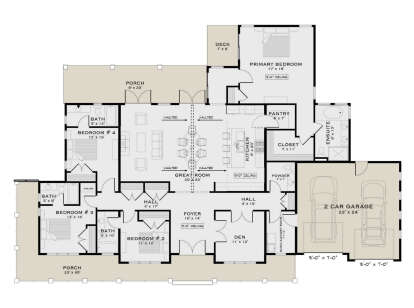 Main Floor: 4BR, 3.5BA, Vaulted Great Rm, Kitchen, Den, Pantry, Ldry, 2-car garage, 2 Porches, Deck, WIC. Unheated: garage. House Plan # 5984-00067 Main Floor  Floor Plan Drawing by America's Best House Plans, Inc.