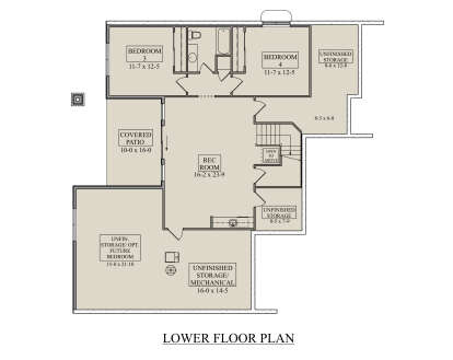 Basement: 2BR, 1BA, Rec Room, Covered Patio, Stairs, Unfinished Storage/Mechanical areas. Unheated: storage/patio areas. House Plan # 5631-00340 Basement Floor Plan Drawing by America's Best House Plans, Inc.