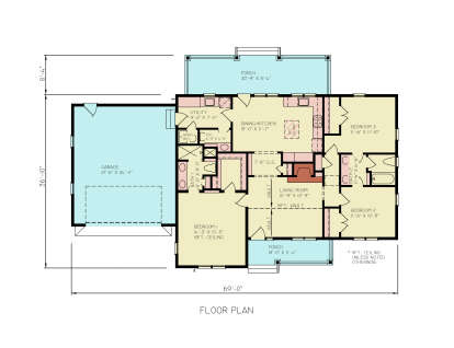 Main Floor: 3BR, 2BA, Kitchen/Dining, Vaulted Living, Ldry, 2-car garage, 2 porches, fireplace. 9ft/10ft/15ft ceilings. House Plan # 699-00520 Main Floor  Floor Plan Drawing by America's Best House Plans, Inc.