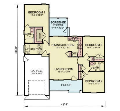 Main Floor: 3BR, 2BA, Living, Kitchen/Dining, Ldry, 1-car garage, Screened Porch, Porch, Pantry, Linen & Coat closets. House Plan # 699-00522 Main Floor  Floor Plan Drawing by America's Best House Plans, Inc.