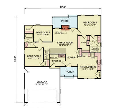 Main Floor: 3BR, 2BA, Family, Kitchen/Dining, Foyer, Ldry, 2-car garage, 2 porches, gas fireplace, stairs to unfin. space. House Plan # 699-00523 Main Floor  Floor Plan Drawing by America's Best House Plans, Inc.