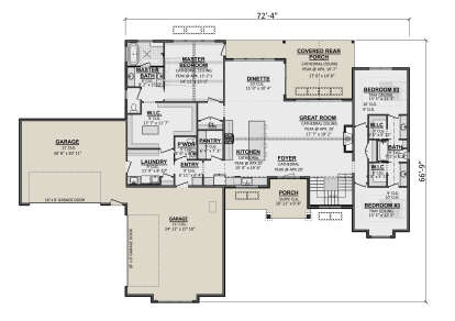 Main Floor: 3BR, 2.5BA, Great Room, Kitchen, Dinette, Ldry, 3-car garage, 2 porches, WICs. Cathedral/Tray ceilings. House Plan # 1958-00073 Main Floor  Floor Plan Drawing by America's Best House Plans, Inc.