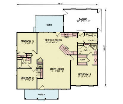 Main Floor: 3BR, 2BA, Great Room, Dining/Kitchen, Utilities, 1-car garage, Deck, Porch, Closets, Linen & Coat storage. House Plan # 699-00525 Main Floor  Floor Plan Drawing by America's Best House Plans, Inc.