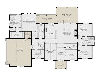 Main Floor: 3BR, 2.5BA, Vaulted Great Room/Dining/Primary, Kitchen, Pantry, Den, Ldry, 2-car garage, 2 Covered Patios, Stoop. House Plan # 8937-00126 Main Floor  Floor Plan Drawing by America's Best House Plans, Inc.