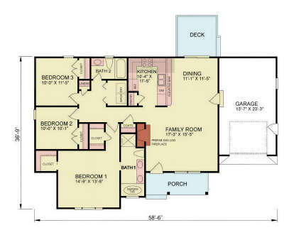 Main Floor: 3BR, 2BA, Kitchen, Dining, Family Room, Ldry, 1-car garage, Deck, Porch, Gas Fireplace, Pantry, Garden Tub. House Plan # 699-00526 Main Floor  Floor Plan Drawing by America's Best House Plans, Inc.