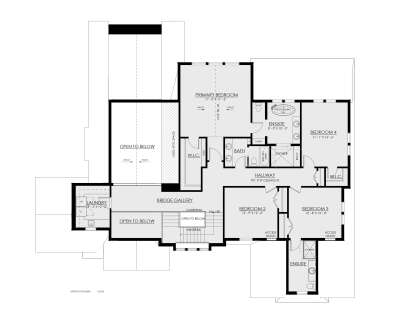 Second Floor: 4BR, 3BA, Bridge Gallery, Ldry, WICs, Linen closet, stairs, vaulted Primary BR, open to below areas. House Plan # 8937-00127 Second Floor Floor Plan Drawing by America's Best House Plans, Inc.