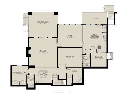 Basement: 2BR, 2BA, Rec Rm, Fitness, Media, Kitchen, Ldry. Covered area, Concrete patio, 2 stairs, Mech room, Drop ceiling. House Plan # 8937-00127 Basement Floor Plan Drawing by America's Best House Plans, Inc.