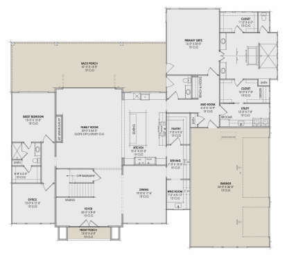 Main Floor: 2BR, 2.5BA, Office, Family w/ FP, Kitchen, Dining, Wine Rm, Ldry, 3-car garage, 2 Porches, 2 WICs, 10' ceilings. House Plan # 7983-00197 Main Floor  Floor Plan Drawing by America's Best House Plans, Inc.