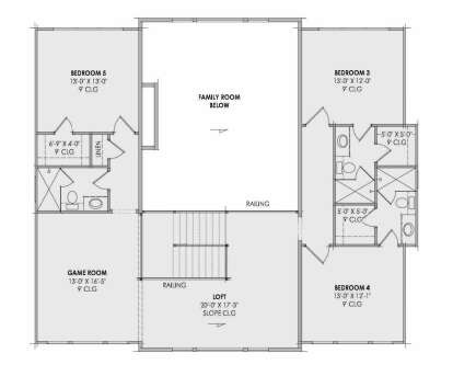 Second Floor: 3 BR, 2 BA, Game Room, Loft with sloped ceiling, 9' ceilings, stairs, overlooks Family Room below. House Plan # 7983-00197 Second Floor Floor Plan Drawing by America's Best House Plans, Inc.