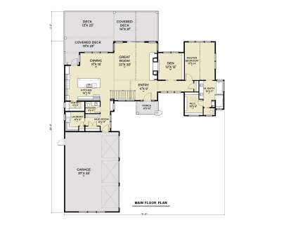 Main Floor: 1BR, 1.5BA, Great Rm, Kitchen, Dining, Den, Pantry, Ldry, Mud, 3-car garage, Porch, 2 Covered Decks, 1 Deck, WIC. House Plan # 2464-00242 Main Floor  Floor Plan Drawing by America's Best House Plans, Inc.