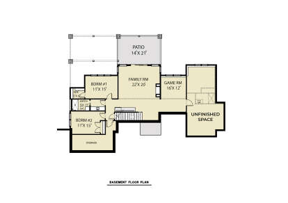 Basement: 2BR, 1BA, Family, Game Rm, WIC, Storage, Unfinished space, Stairs, Patio. Unheated: Patio, Storage, Unfinished. House Plan # 2464-00242 Basement Floor Plan Drawing by America's Best House Plans, Inc.