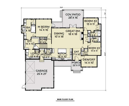 Main Floor: 3BR, 2.5BA, Great Rm, Dining, Kitchen, Den, Ldry, Mud Rm, 3-car garage, Cov Patio, Porch, WICs, Pantry, Stairs. House Plan # 2464-00243 Main Floor  Floor Plan Drawing by America's Best House Plans, Inc.