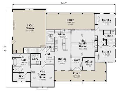 Main Floor: 3BR, 2.5BA, Vltd Family/Master, Kitchen, Dining, Office, Mud, Ldry, 2-car garage, 2 Porches, WIC, Pantry. House Plan # 009-00524 Main Floor  Floor Plan Drawing by America's Best House Plans, Inc.
