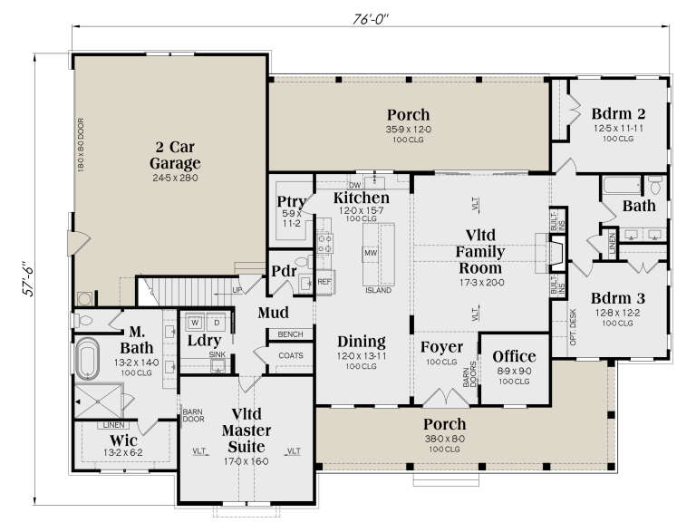 Main Floor: 3BR, 2.5BA, Vltd Family/Master, Kitchen, Dining, Office, Mud, Ldry, 2-car garage, 2 Porches, WIC, Pantry. House Plan # 009-00524 Main Floor  Floor Plan Drawing by America's Best House Plans, Inc.