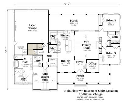 Main Floor w/ Basement Stairs Location: 3BR, 2.5BA, Vltd Family, Kitchen, Dining, Office, Ldry, 2-car garage, 2 Porches, WIC. House Plan # 009-00524 Main Floor w/ Basement Stairs Location Floor Plan Drawing by America's Best House Plans, Inc.