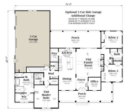 Main Floor w/ Optional 3 Car Garage: 3BR, 2.5BA, Vltd Family/Master, Office, Kitchen, Dining, Ldry, Mud, 2 Porches, WIC. House Plan # 009-00524 Main Floor w/ Optional 3 Car Garage Floor Plan Drawing by America's Best House Plans, Inc.