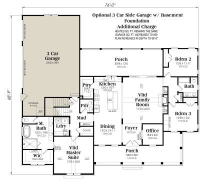 3BR, 2.5BA, Office, Vltd Family, Kitchen, Dining, Ldry, Mud, 3-car garage, 2 Porches, WIC. Vltd Master. Basement Foundation. House Plan # 009-00524 Basement Foundation w/ Optional 3 Car Garage Floor Plan Drawing by America's Best House Plans, Inc.