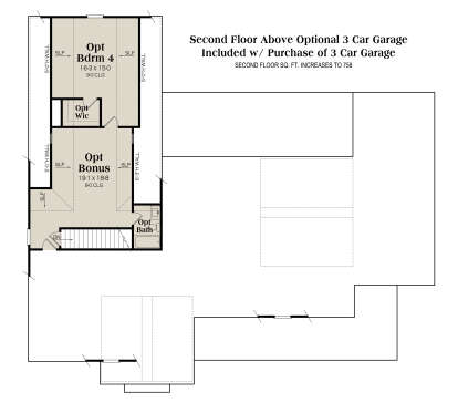 Second Floor Above Optional 3 Car Garage: Opt BR 4, Opt Bonus, Opt BA, Opt WIC, stairs, 9' ceilings, sloped ceilings. House Plan # 009-00524 Second Floor Above Optional 3 Car Garage Floor Plan Drawing by America's Best House Plans, Inc.