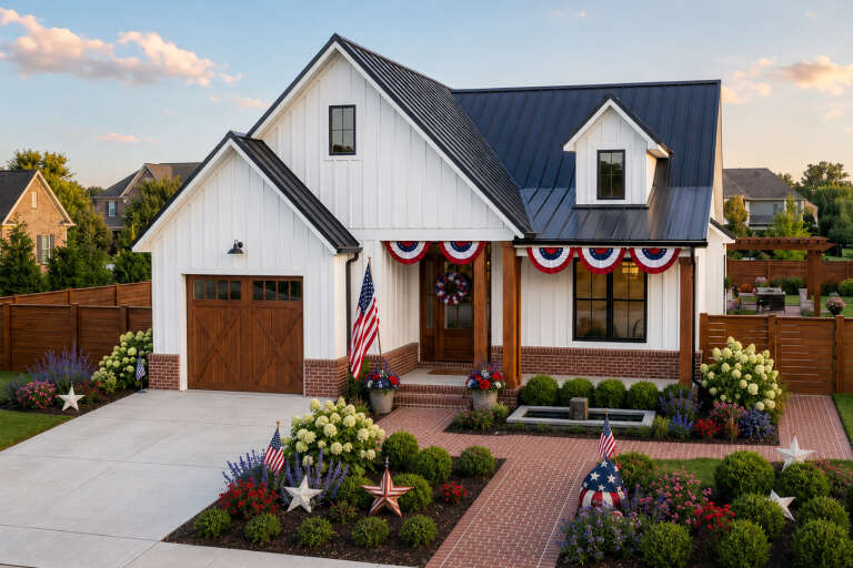 White Modern Farmhouse, Angled Front Elevation, board-and-batten siding, brick base, metal roof, wooden door, landscaping. House Plan # 2559-01115 Digital Rendering by America's Best House Plans, Inc.