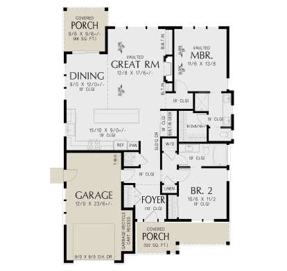 Main Floor: 2BR, 2BA, Vaulted Great Rm & MBR, Kitchen, Dining, Foyer, Ldry, 1-car garage, 2 covered porches, stairs, WIC. House Plan # 2559-01115 Main Floor  Floor Plan Drawing by America's Best House Plans, Inc.