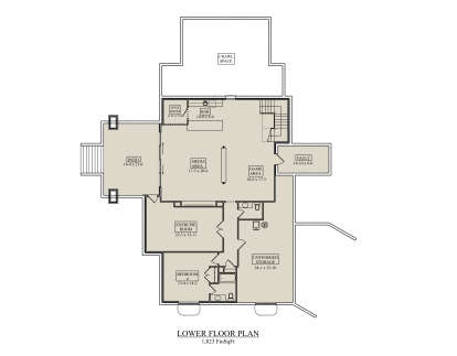 Basement: 1BR, 1BA, Media, Game, Wine Room, Bar, Exercise, Vault, Patio, Stairs. Unfinished storage & crawl space. House Plan # 5631-00343 Basement Floor Plan Drawing by America's Best House Plans, Inc.