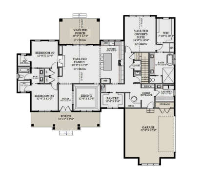 Main Floor: 3BR, 2BA, Vaulted Family/Owner Suite/Porch, Kitchen, Dining, Pantry, Ldry, 2-car garage, 2 Porches, 3 WICs, Stairs. House Plan # 6849-00181 Main Floor  Floor Plan Drawing by America's Best House Plans, Inc.