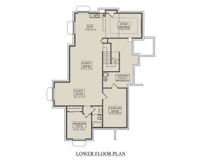 Basement: 1BR, 1BA, Family Room, Bar, Home Theater, Exercise Room, Stairs, Unfinished Storage/Mechanical area. House Plan # 5631-00345 Basement Floor Plan Drawing by America's Best House Plans, Inc.