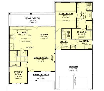 Main Floor: 1BR, 1.5BA, Office/BR4, Great Rm, Kitchen, Dining, Pantry, Ldry, 2-car garage, 2 porches, stairs, fireplace. House Plan # 041-00444 Main Floor  Floor Plan Drawing by America's Best House Plans, Inc.