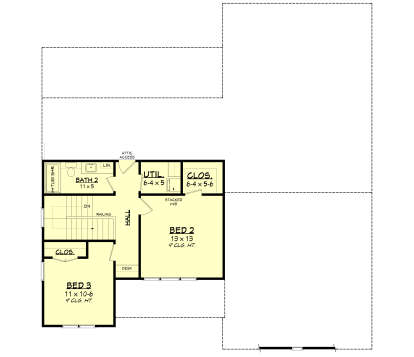 Second Floor: 2BR, 1BA, Hall with desk, Ldry/Util, 2 closets, stairs, attic access. 9' ceilings in bedrooms. House Plan # 041-00444 Second Floor Floor Plan Drawing by America's Best House Plans, Inc.