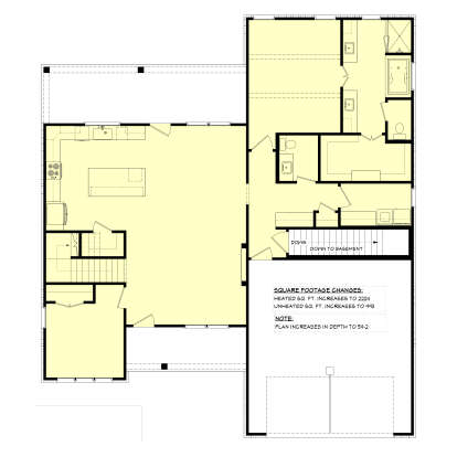 Main Floor w/ Basement Stairs: 2BR, 2.5BA, Kitchen, Living, Dining, Ldry, 2-car garage, WIC, covered porch. Unheated: garage. House Plan # 041-00444 Main Floor w/ Basement Stairs Location Floor Plan Drawing by America's Best House Plans, Inc.