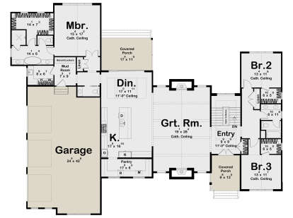 Main Floor: 3BR, 2.5BA, Grt Rm, Kitchen, Dining, Mud, Pantry, 3-car Garage, 2 Covered Porches, 2 Fireplaces, Cath. Ceilings. House Plan # 963-01309 Main Floor  Floor Plan Drawing by America's Best House Plans, Inc.