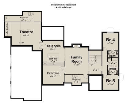 Basement: 2 BR, 2 BA, Theatre, Table Area, Wet Bar, Family Room, Exercise, 2 Mechanical rooms, stairs, linen closet. House Plan # 963-01309 Basement Floor Plan Drawing by America's Best House Plans, Inc.
