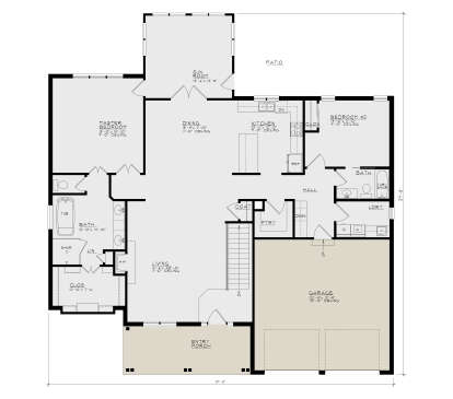 Main Floor: 2BR, 2BA, Living, Dining, Kitchen, Sunroom, Ldry, 2-car garage, Porch, Patio, FP, WIC. 9'-11' ceilings. House Plan # 4440-00001 Main Floor  Floor Plan Drawing by America's Best House Plans, Inc.